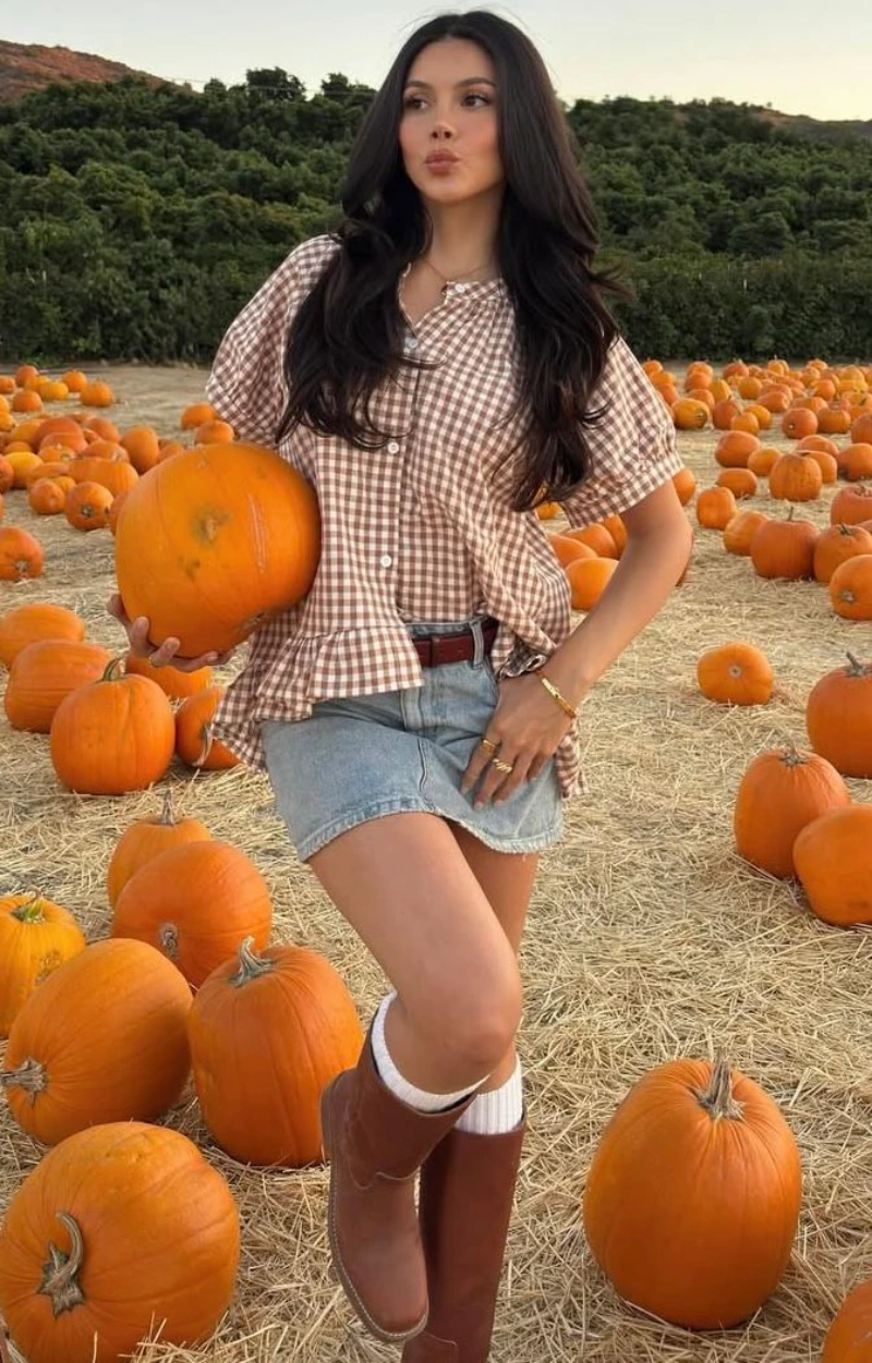 Gingham Puff Sleeve Top + Denim Mini Skirt + Brown Belt + Tall Boots