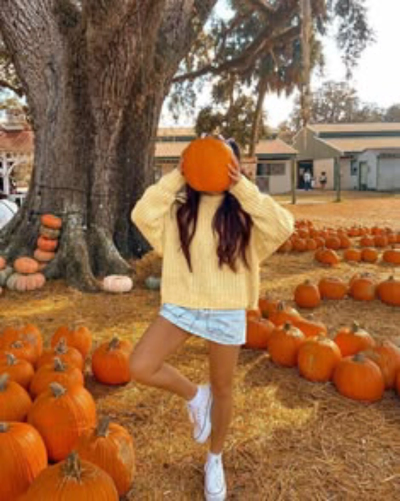 Yellow Oversized Sweater + Denim Mini Skirt + White Sneakers + White Socks