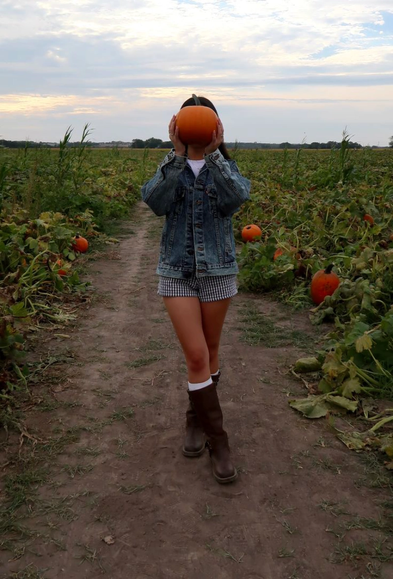 Denim Jacket + Checkered Shorts + Tall Brown Boots + White Socks