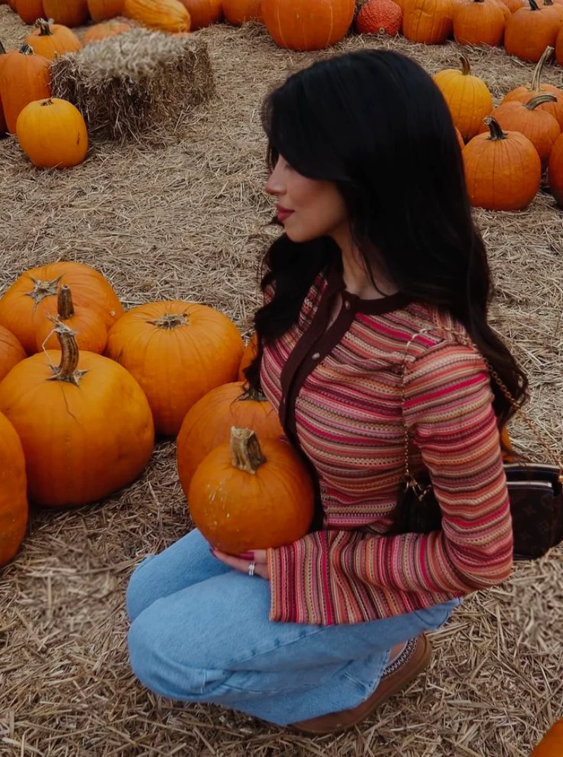 Striped Long-Sleeve Knit Top + Light Wash Jeans + Brown Leather Bag