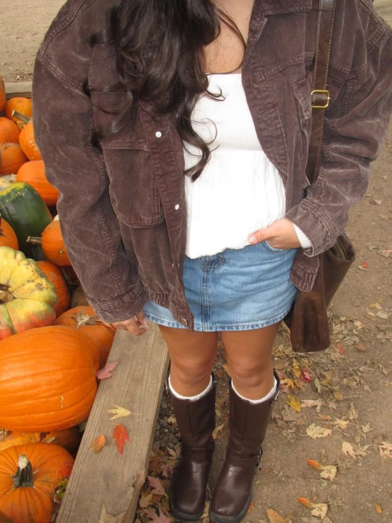 Brown Corduroy Jacket + White Puff Top + Denim Mini Skirt + Brown Boots