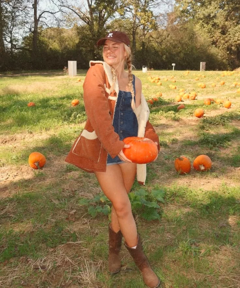 Brown Fleece-Lined Jacket + Denim Overalls + Brown Boots + Brown Baseball Cap