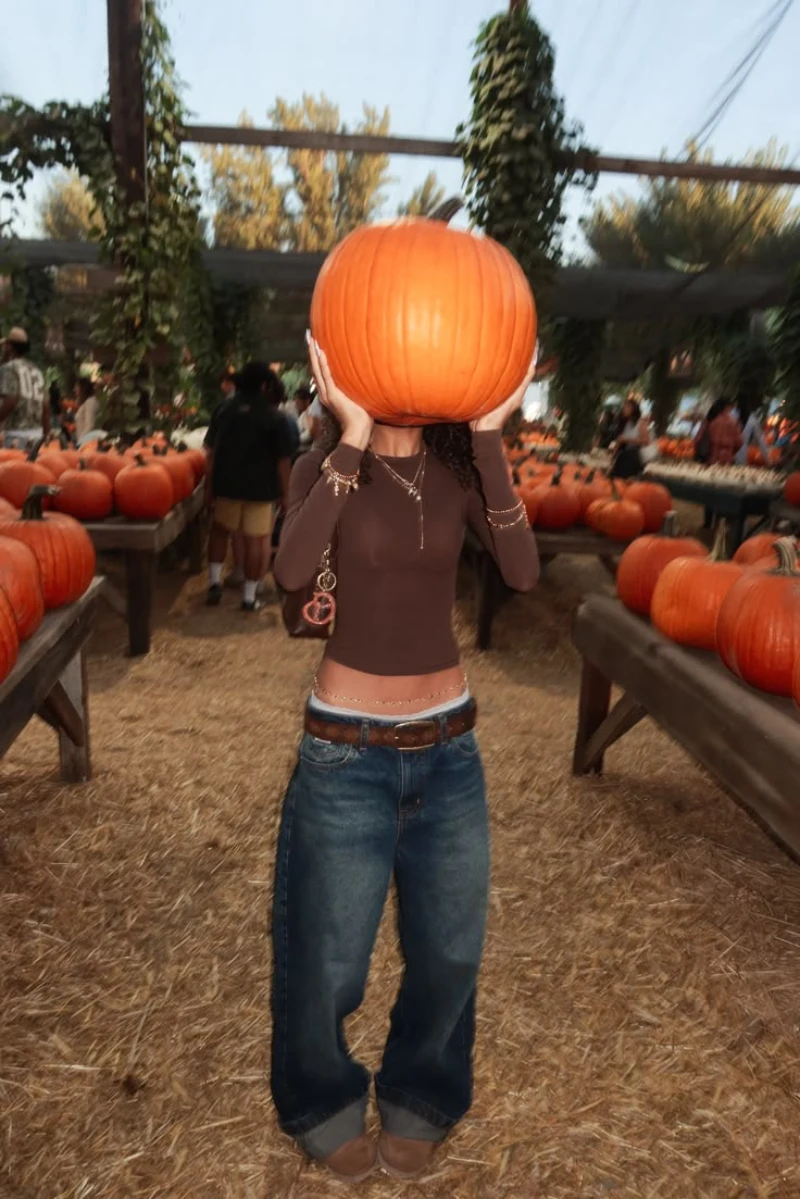 Brown Long-Sleeve Crop Top + Baggy Jeans + Brown Belt + Small Shoulder Bag