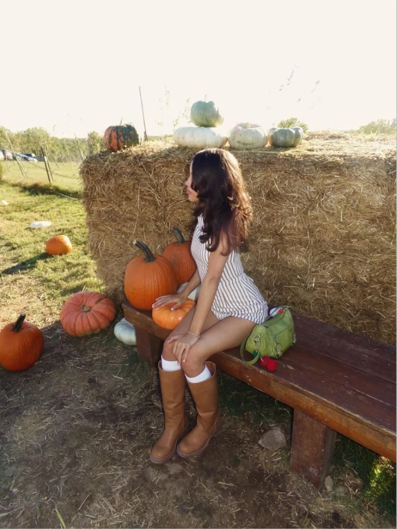 Striped Knit Dress + Tall Brown Boots + White Socks + Green Crossbody Bag