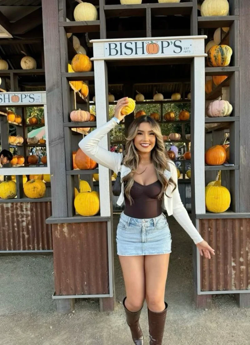 White Knit Cardigan + Brown Bodysuit + Denim Mini Skirt + Small Black Shoulder Bag